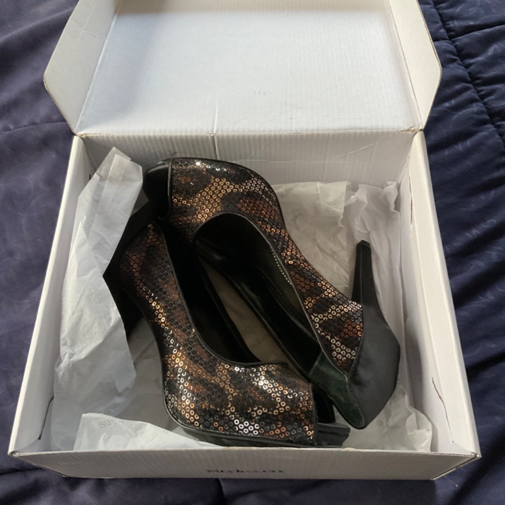 Brown Leopard Print Heels, Open Toe - image 4